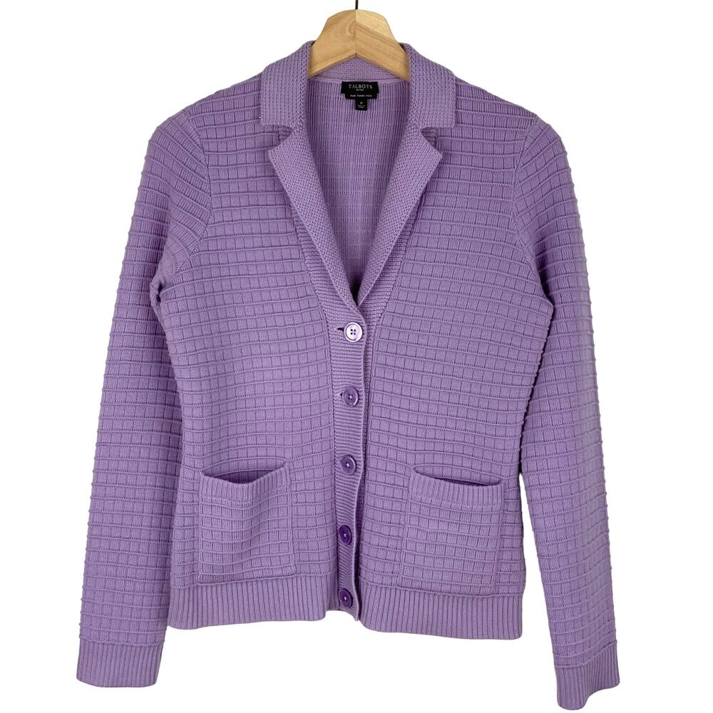 Talbots Pure Merino Wool Textured Cardigan Sweater Lavender Women's Small Petite